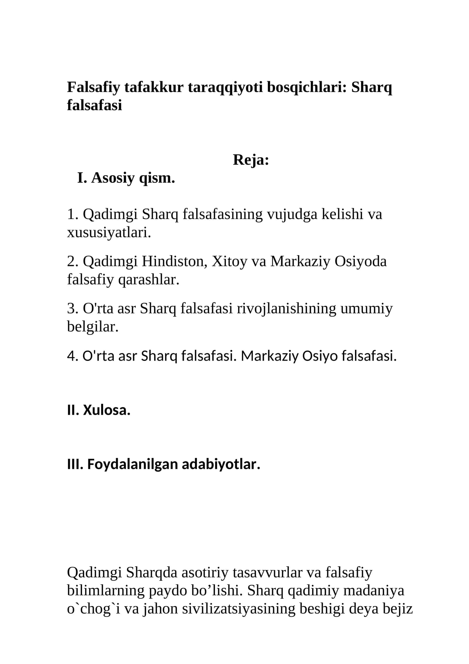 Falsafiy tafakkur taraqqiyoti bosqichlari: Sharq falsafasi 1