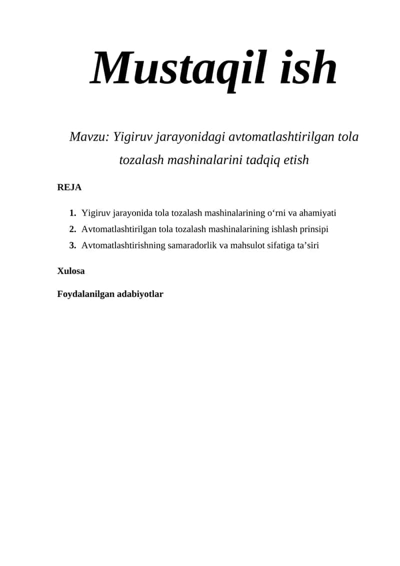 Yigiruv jarayonidagi avtomatlashtirilgan tola tozalash mashinalarini tadqiq etish 1