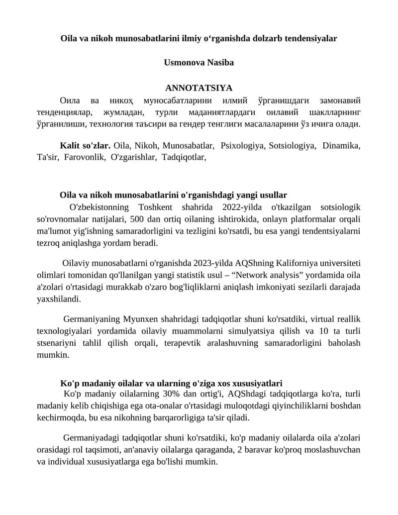 Oila va nikoh munosabatlarini ilmiy o‘rganishda dolzarb tendensiyalar 1