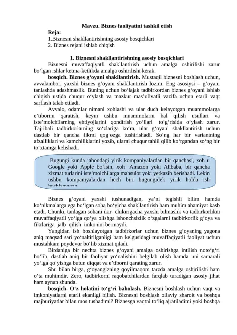 Biznes faoliyatini tashkil etish 1