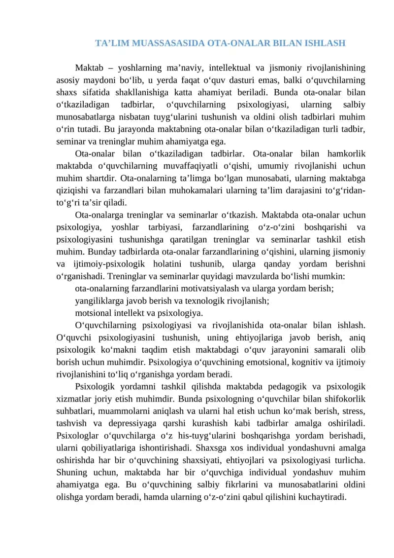 TA’LIM MUASSASASIDA OTA-ONALAR BILAN ISHLASH 1