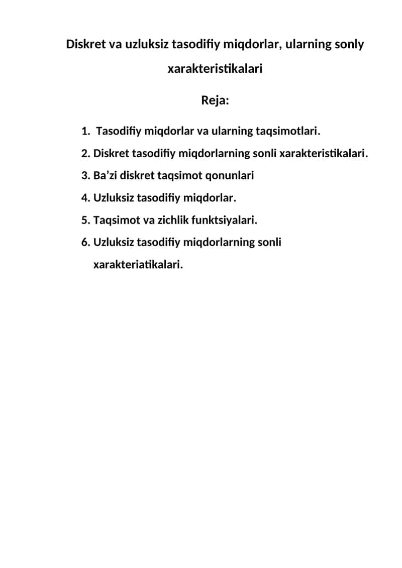 Diskret va uzluksiz tasodifiy miqdorlar 1
