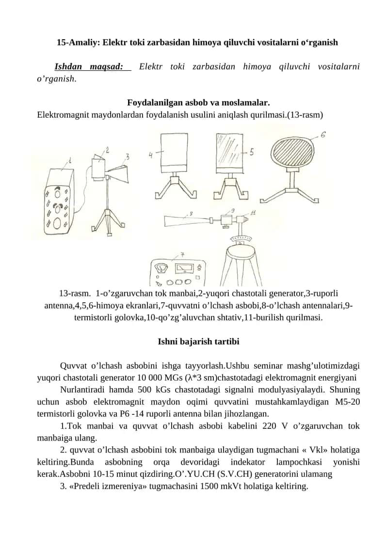 15-Amaliy: Elektr toki zarbasidan himoya qiluvchi vositalarni o‘rganish 1