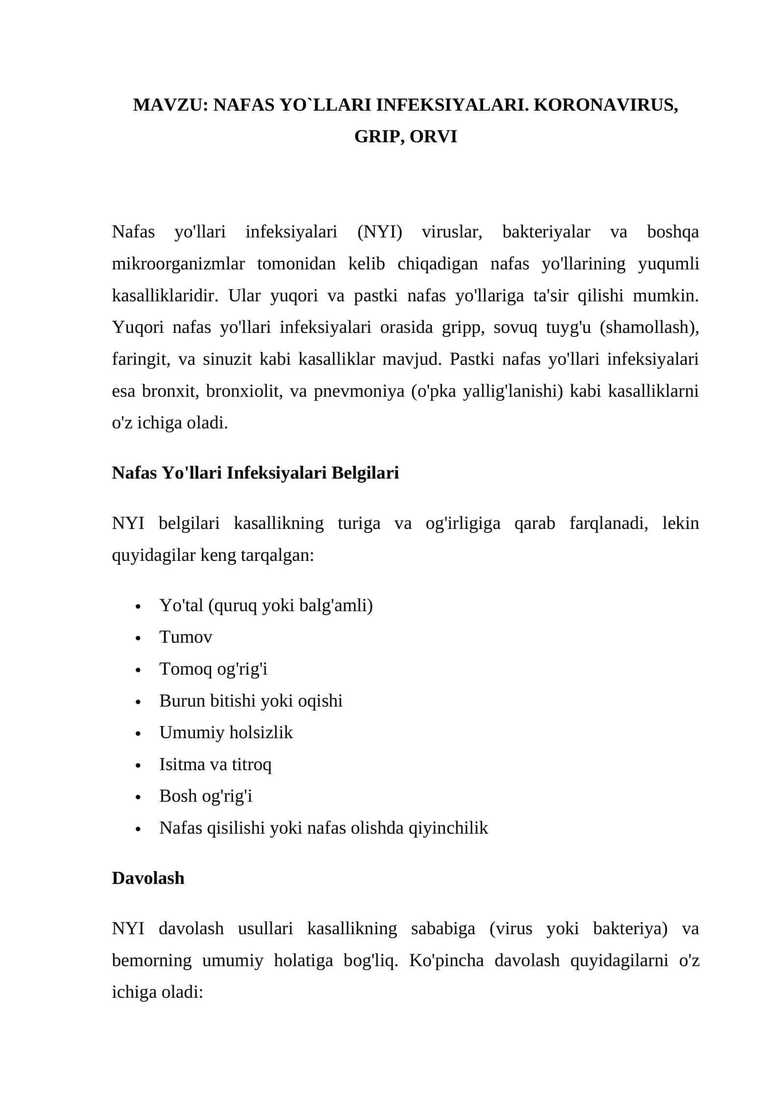 NAFAS YO`LLARI INFEKSIYALARI. KORONAVIRUS, GRIP, ORVI 1