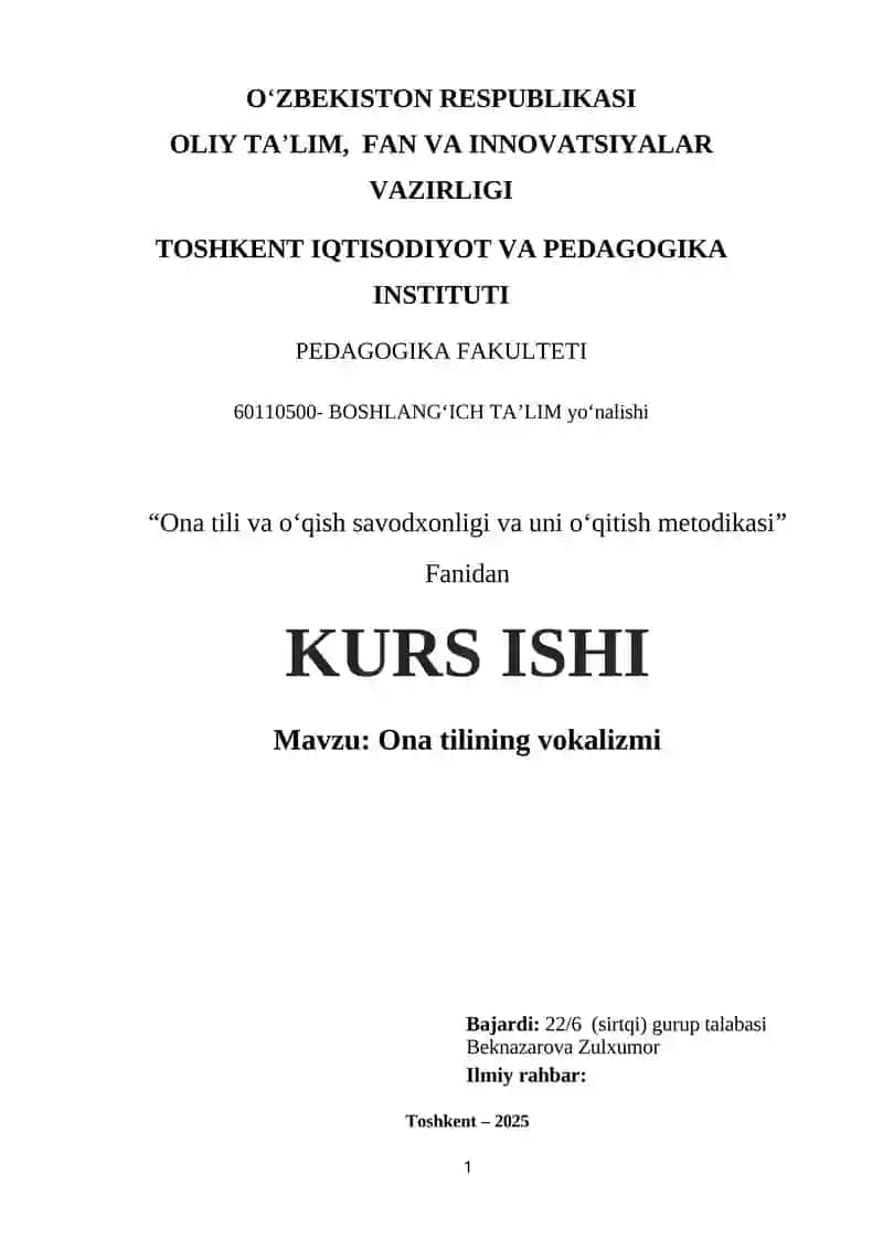 Ona tili va oʻqish savodxonligi va uni oʻqitish metodikasi