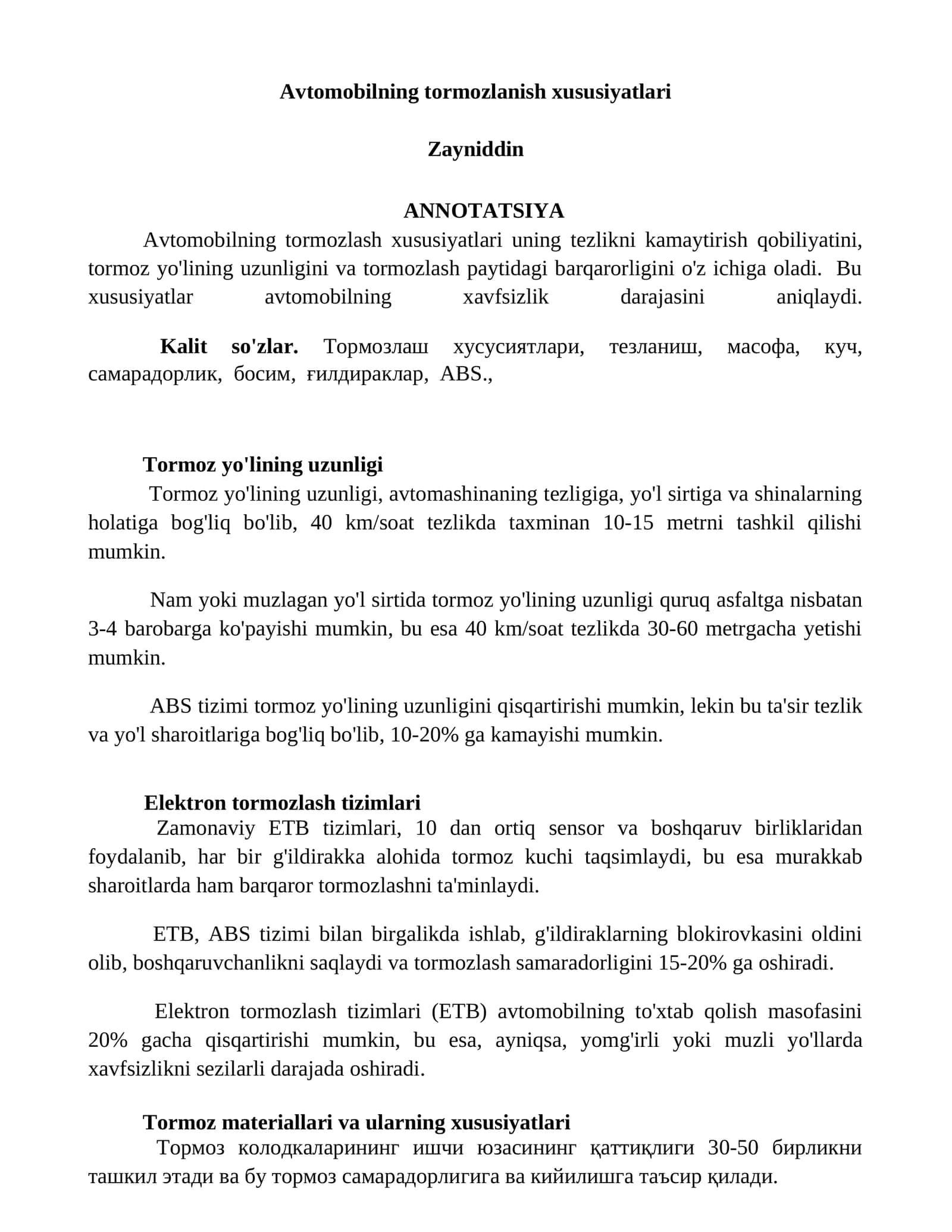 Avtomobilning tormozlanish xususiyatlari 1