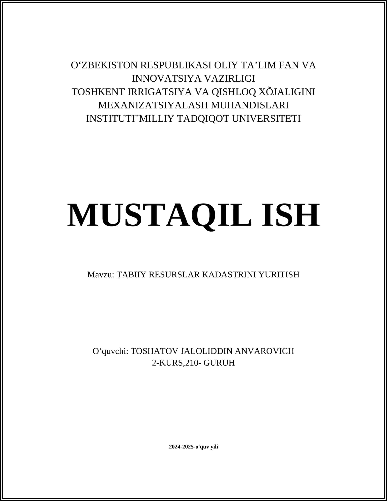 Tabiiy Resurslarni Inventarizatsiya qilish 1