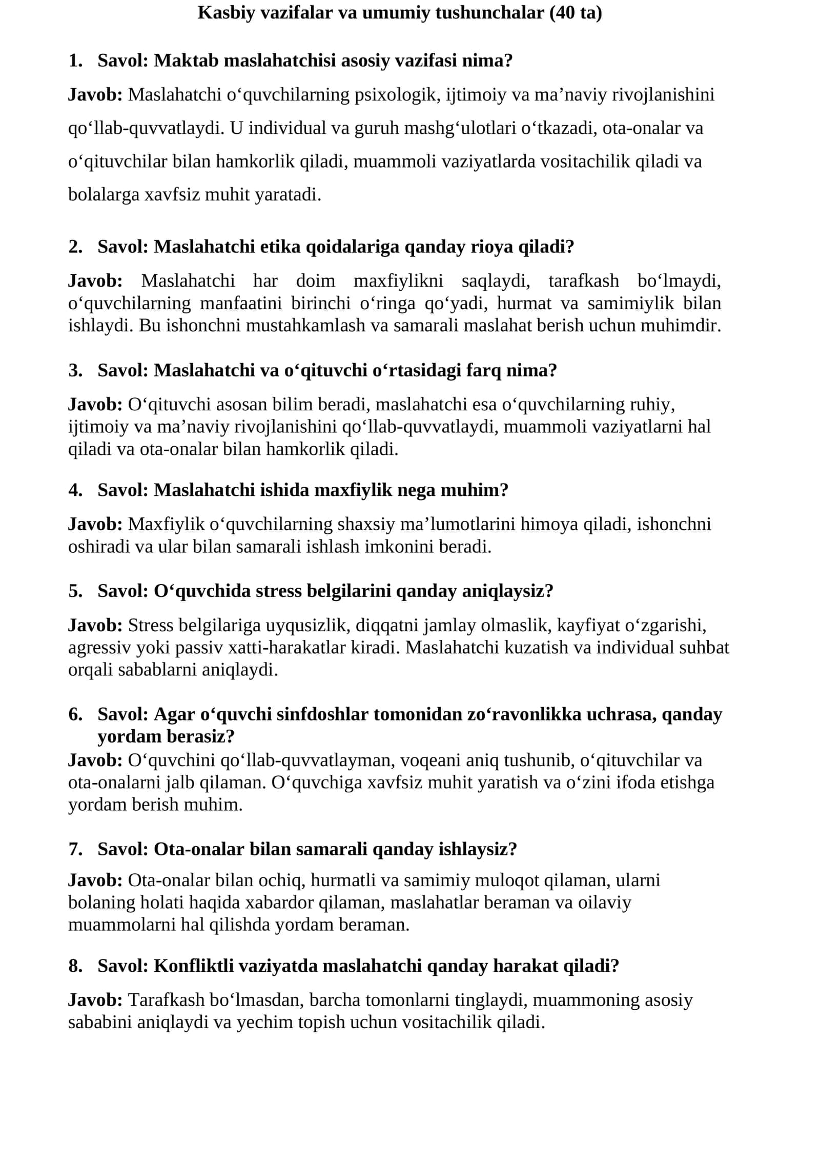 Maktab maslahatchisga ishga kirish uchun suhbat savol javoblari 1
