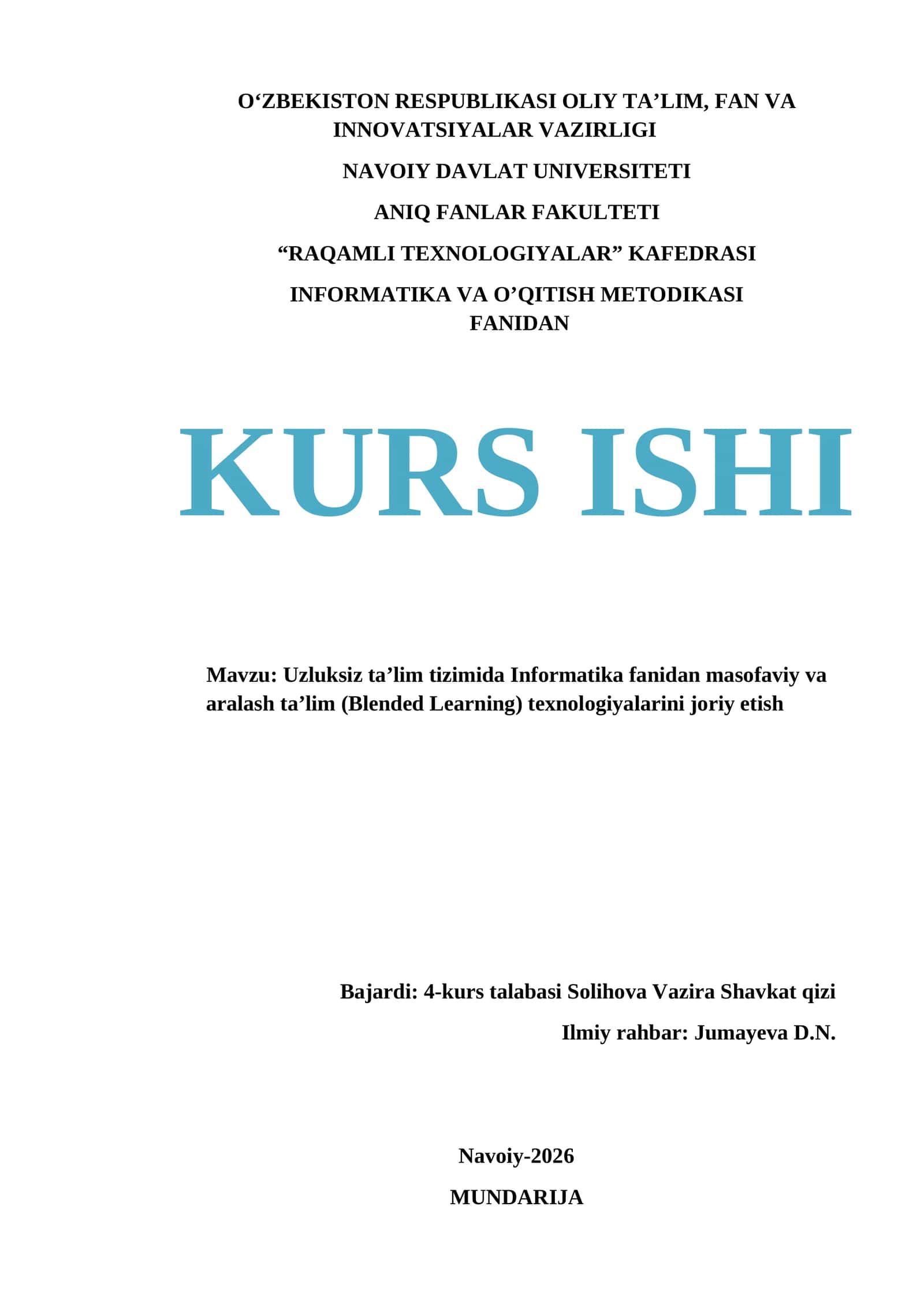 Uzluksiz ta’lim tizimida Informatika fanidan masofaviy va aralash ta’lim (Blended Learning) texnologiyalarini joriy etish 1