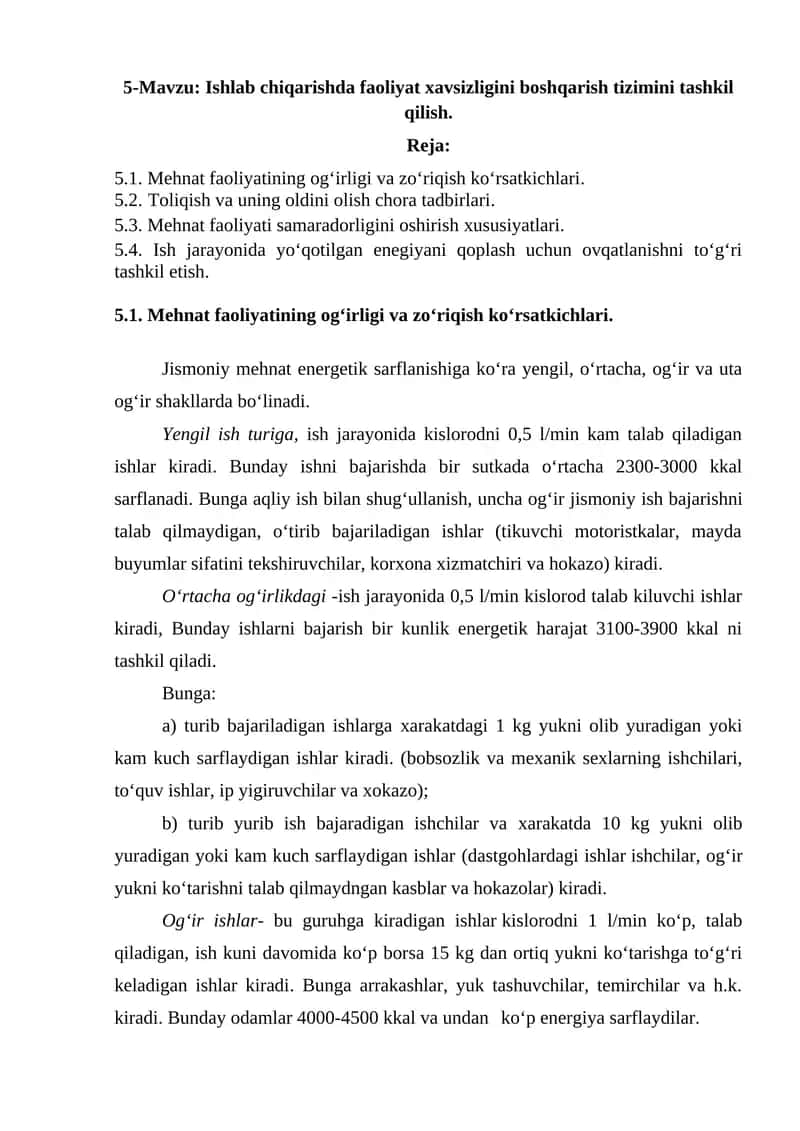 Ishlab chiqarishda faoliyat xavsizligini boshqarish tizimini tashkil qilish 1