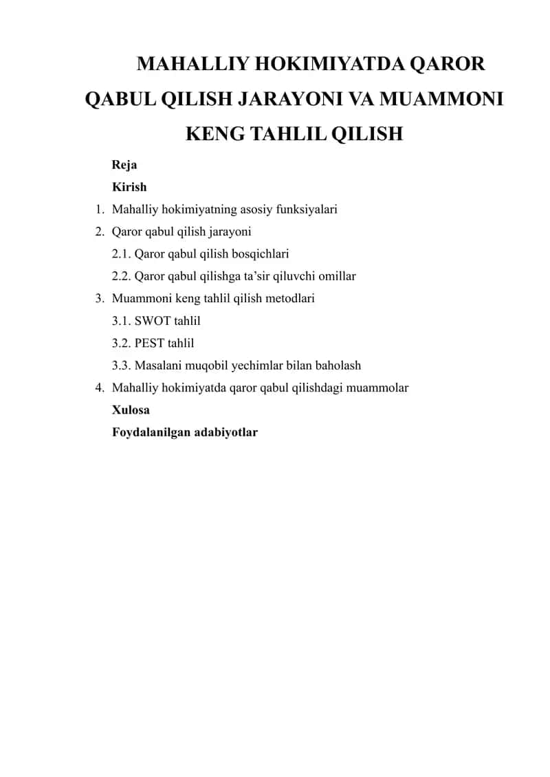 Mahalliy hokimiyatda Qaror Qabul Qilish Jarayoni va Muammoni Keng Tahlil Qilish 1