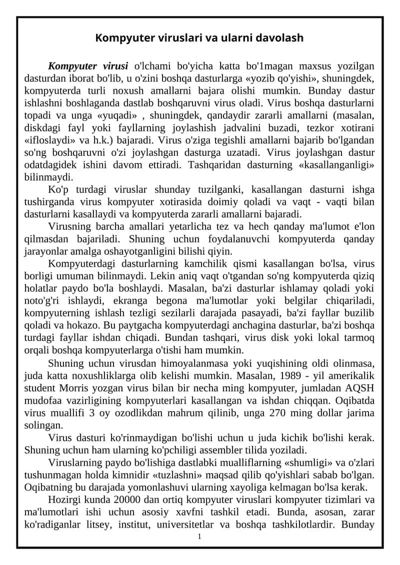 Kompyuter viruslari va ularni davolash 1