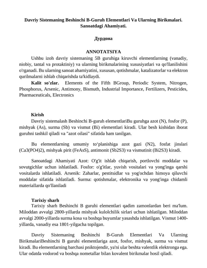 Davriy Sistemaning Beshinchi B-Guruh Elementlari Va Ularning Birikmalari. Sanoatdagi Ahamiyati. 1