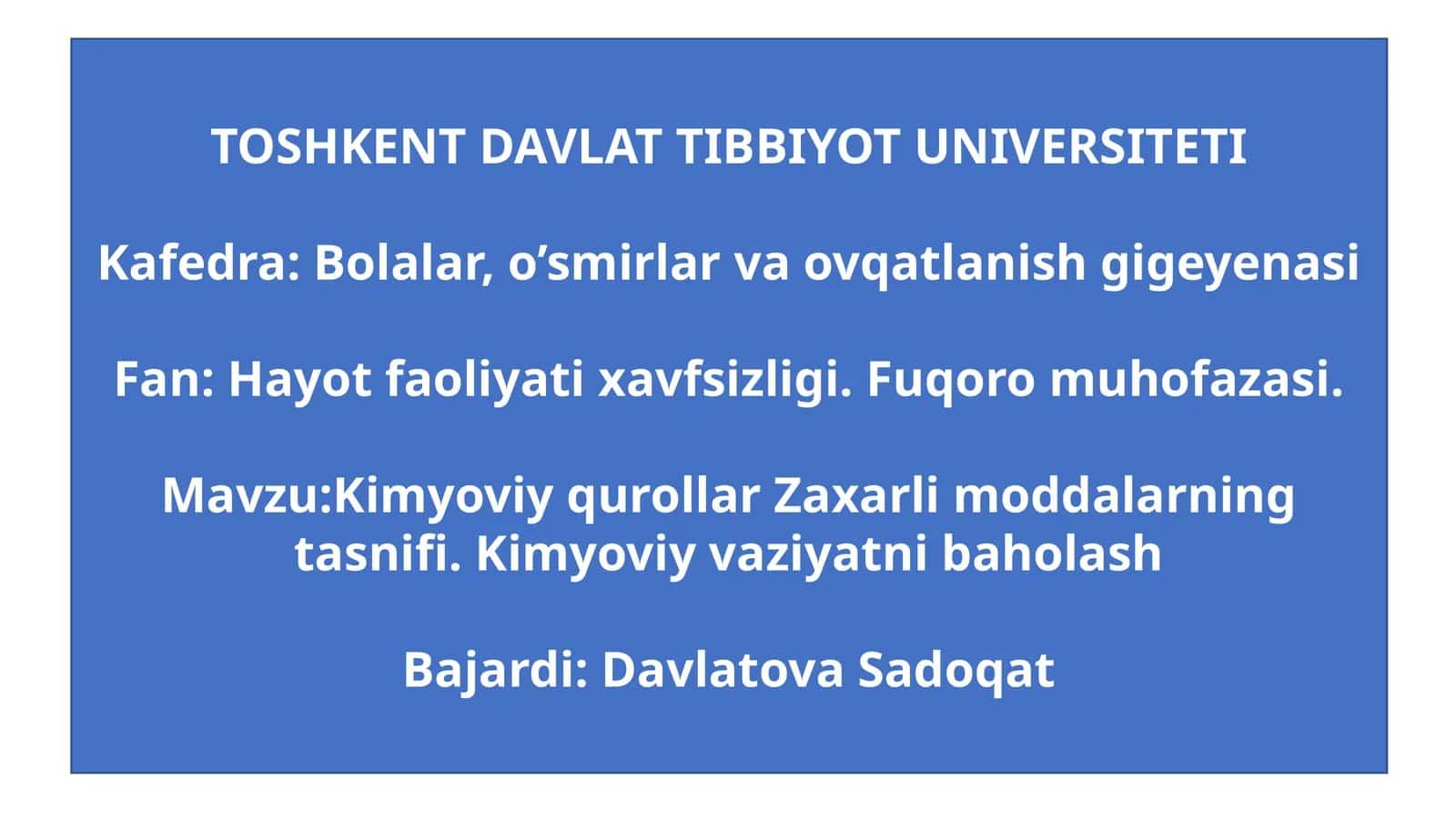 Kimyoviy qurollar Zaxarlimoddalarning tasnifi. Kimyoviy vaziyatnibaholash 1