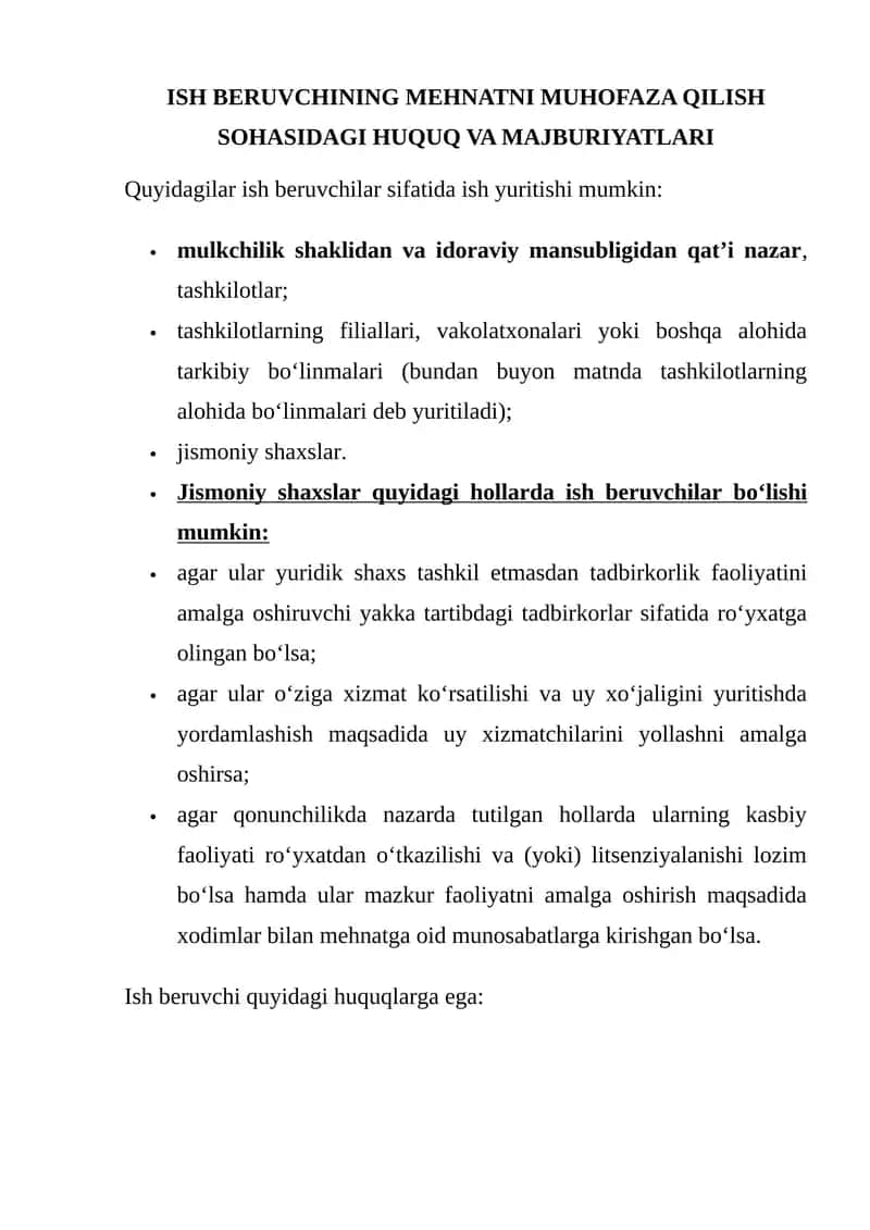 ISH BERUVCHINING MEHNATNI MUHOFAZA QILISH SOHASIDAGI HUQUQ VA MAJBURIYATLARI 1