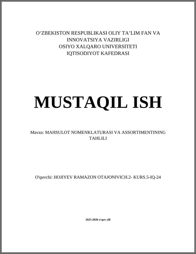 MAHSULOT NOMENKLATURASI VA ASSORTIMENTINING TAHLILI 1