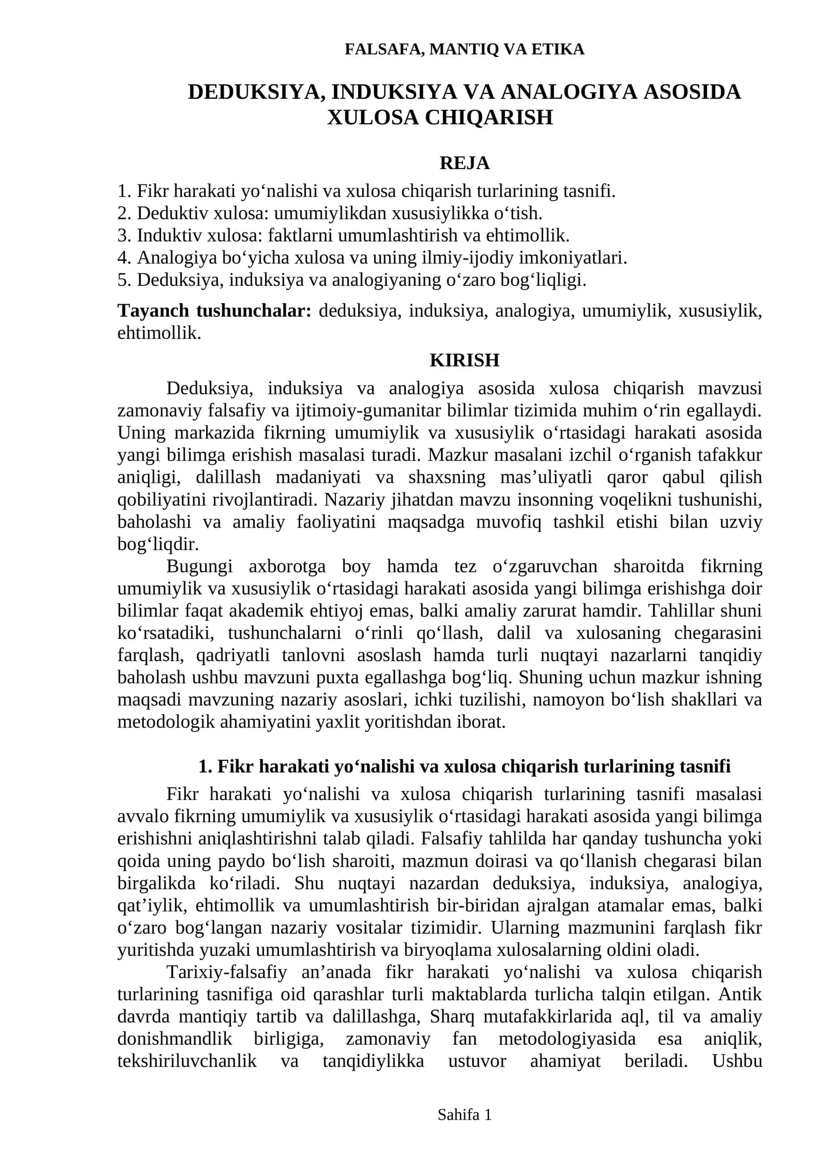 DEDUKSIYA, INDUKSIYA VA ANALOGIYA ASOSIDA XULOSA CHIQARISH 1
