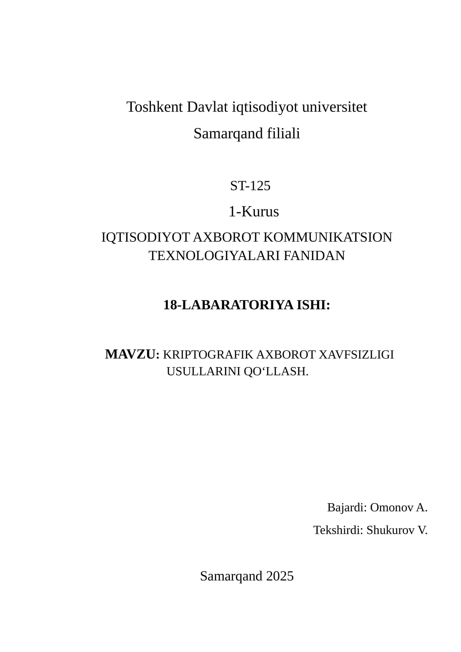 KRIPTOGRAFIK AXBOROT XAVFSIZLIGI USULLARINI QO‘LLASH 1
