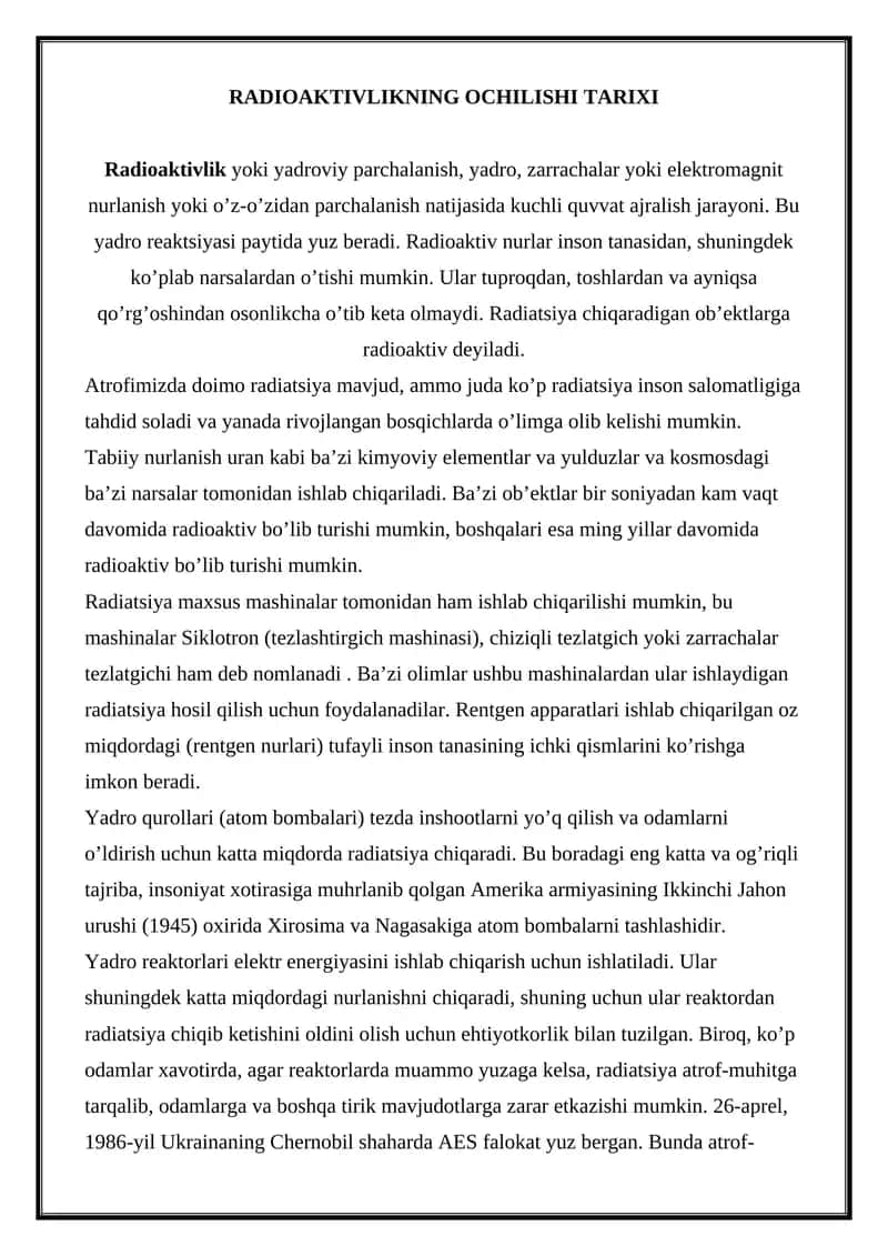 RADIOAKTIVLIKNING OCHILISHI TARIXI 1