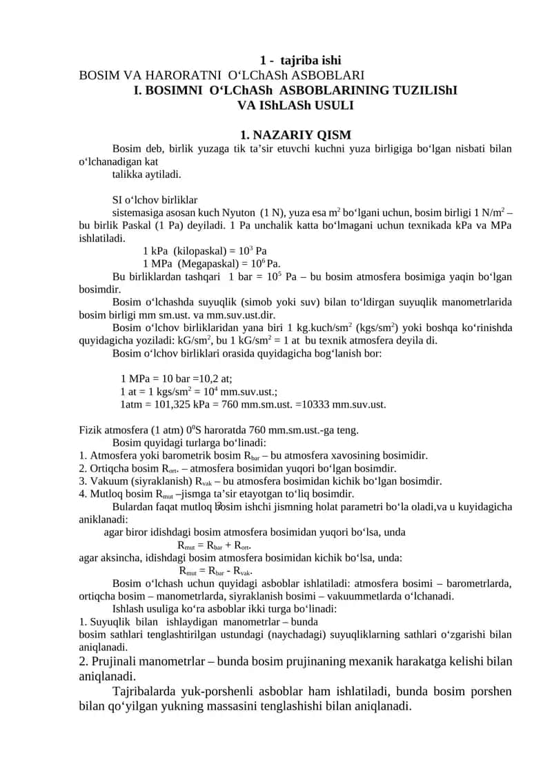 BOSIM VA HARORATNI O‘LChASh ASBOBLARI 1