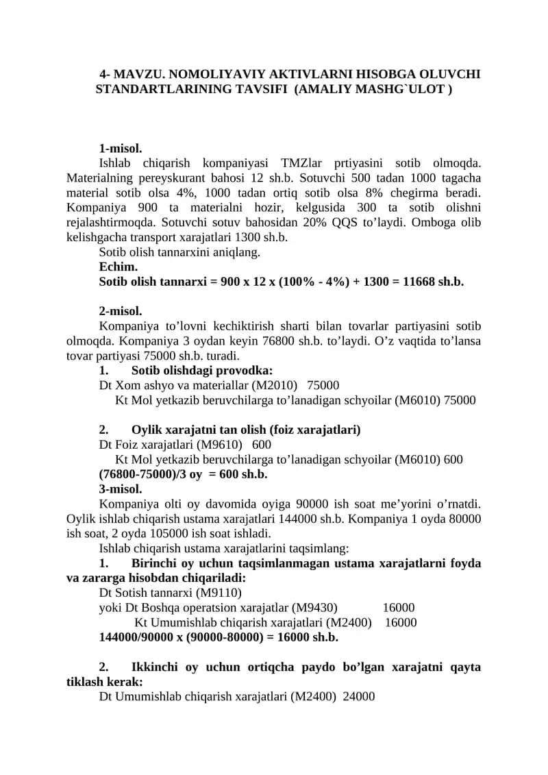 MAVZU. NOMOLIYAVIY AKTIVLARNI HISOBGA OLUVCHI STANDARTLARINING TAVSIFI (AMALIY MASHG`ULOT) 1