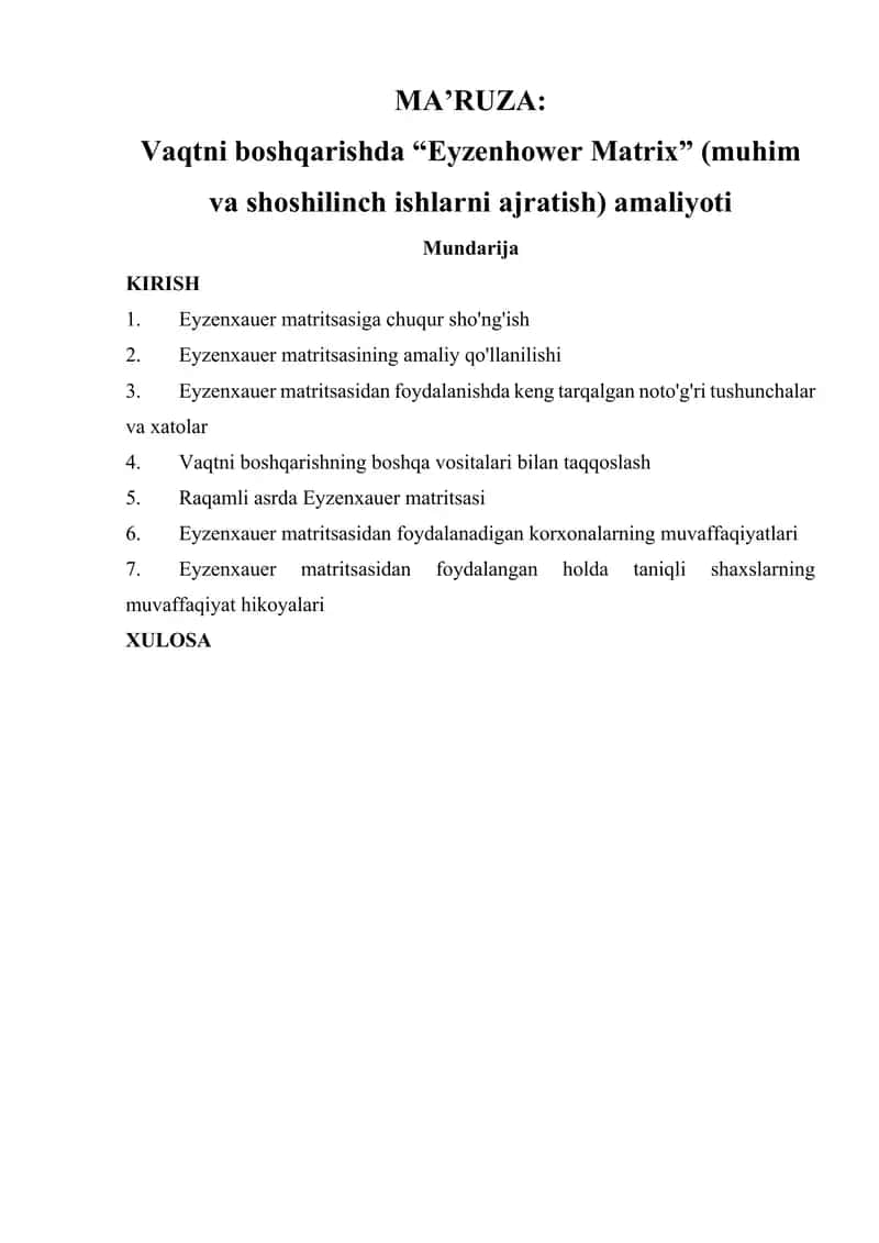 Ma'ruza - Vaqtni boshqarishda “Eyzenhower Matrix” (muhim va shoshilinch ishlarni ajratish) amaliyoti. 1