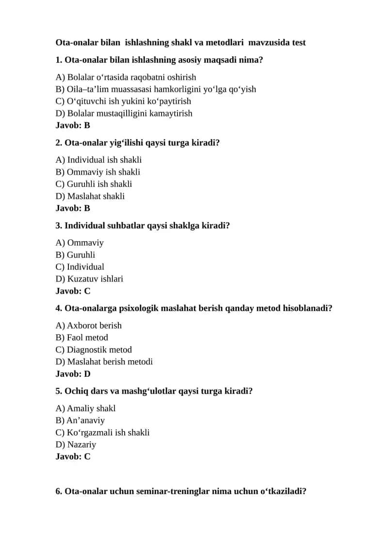 Ota-onalar bilan ishlashning shakl va metodlari test 1