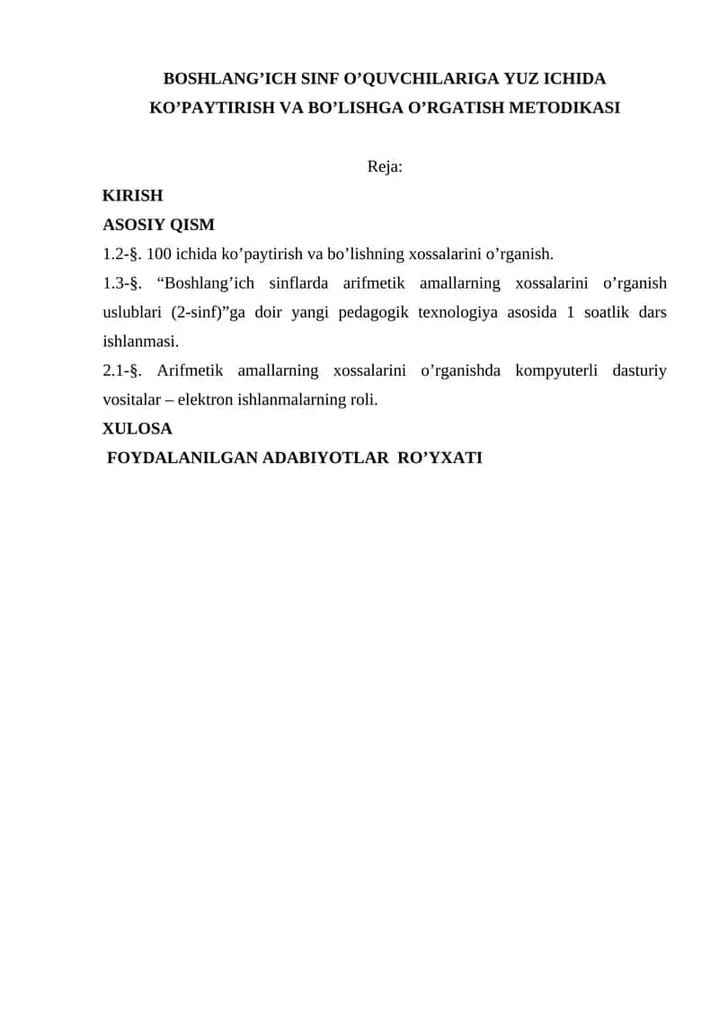 BOSHLANG’ICH SINF O’QUVCHILARIGA YUZ ICHIDA KO’PAYTIRISH VA BO’LISHGA O’RGATISH METODIKASI 1
