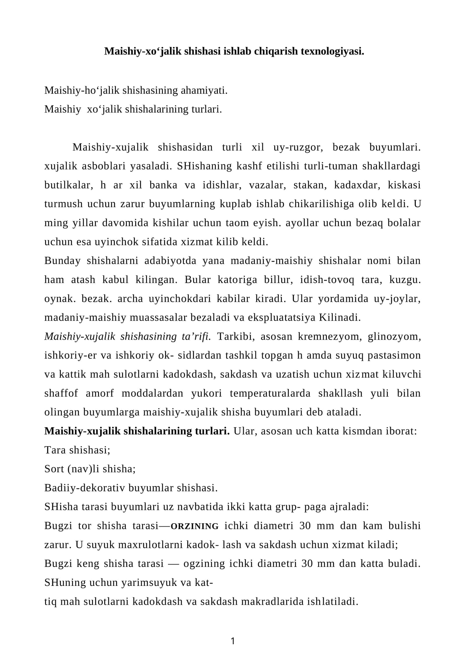 Maishiy-xo‘jalik shishasi ishlab chiqarish texnologiyasi 1