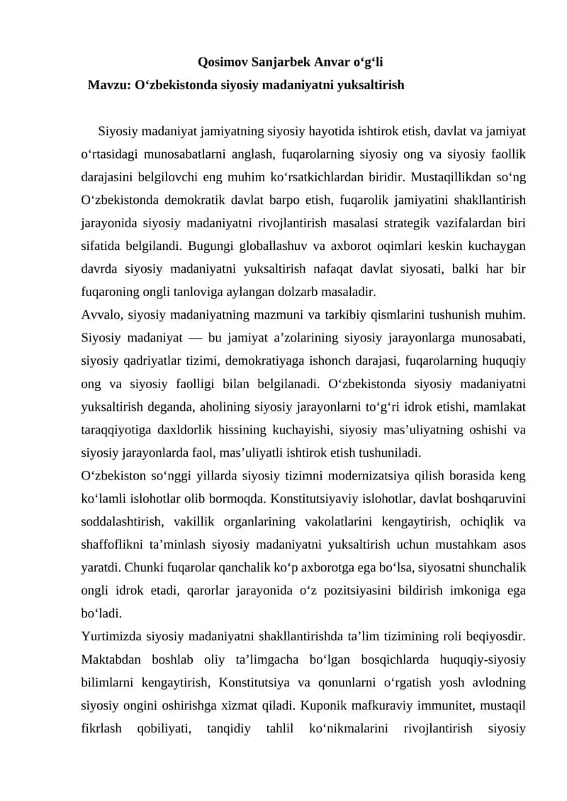 Oʻzbekistonda siyosiy madaniyatni yuksaltirish 1