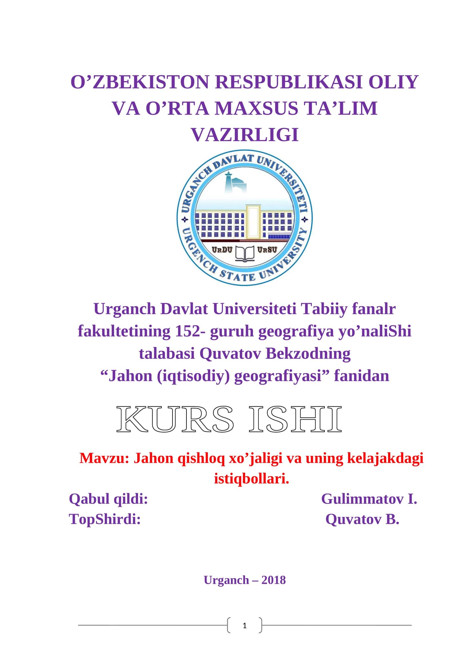 Jahon qishloq xo’jaligi va uning kelajakdagi istiqbollari 1