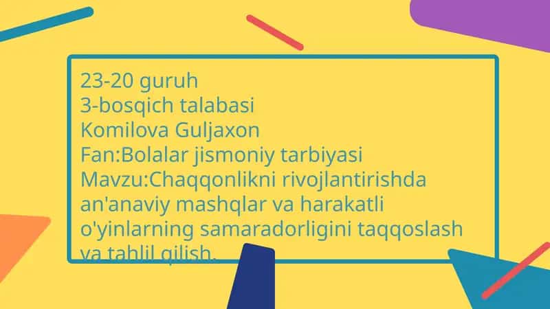 Chaqqonlikni rivojlantirishda an'anaviy mashqlar va harakatli o'yinlarning samaradorligini taqqoslash va tahlil qilish 1