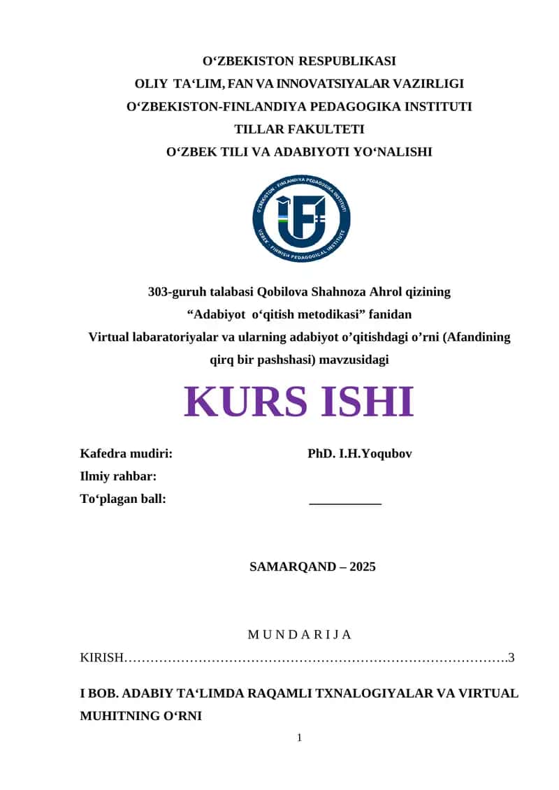 "Adabiyot o‘qitish metodikasi" fanidan Virtual labaratoriyalar va ularning adabiyot o’qitishdagi o’rni (Afandining qirq bir pashshasi) mavzusidagi KURS ISHI 1