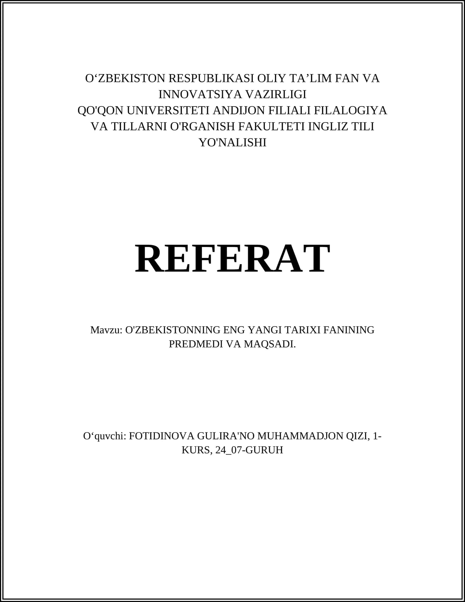 O'ZBEKISTONNING ENG YANGI TARIXI FANINING PREDMEDI VA MAQSADI 1