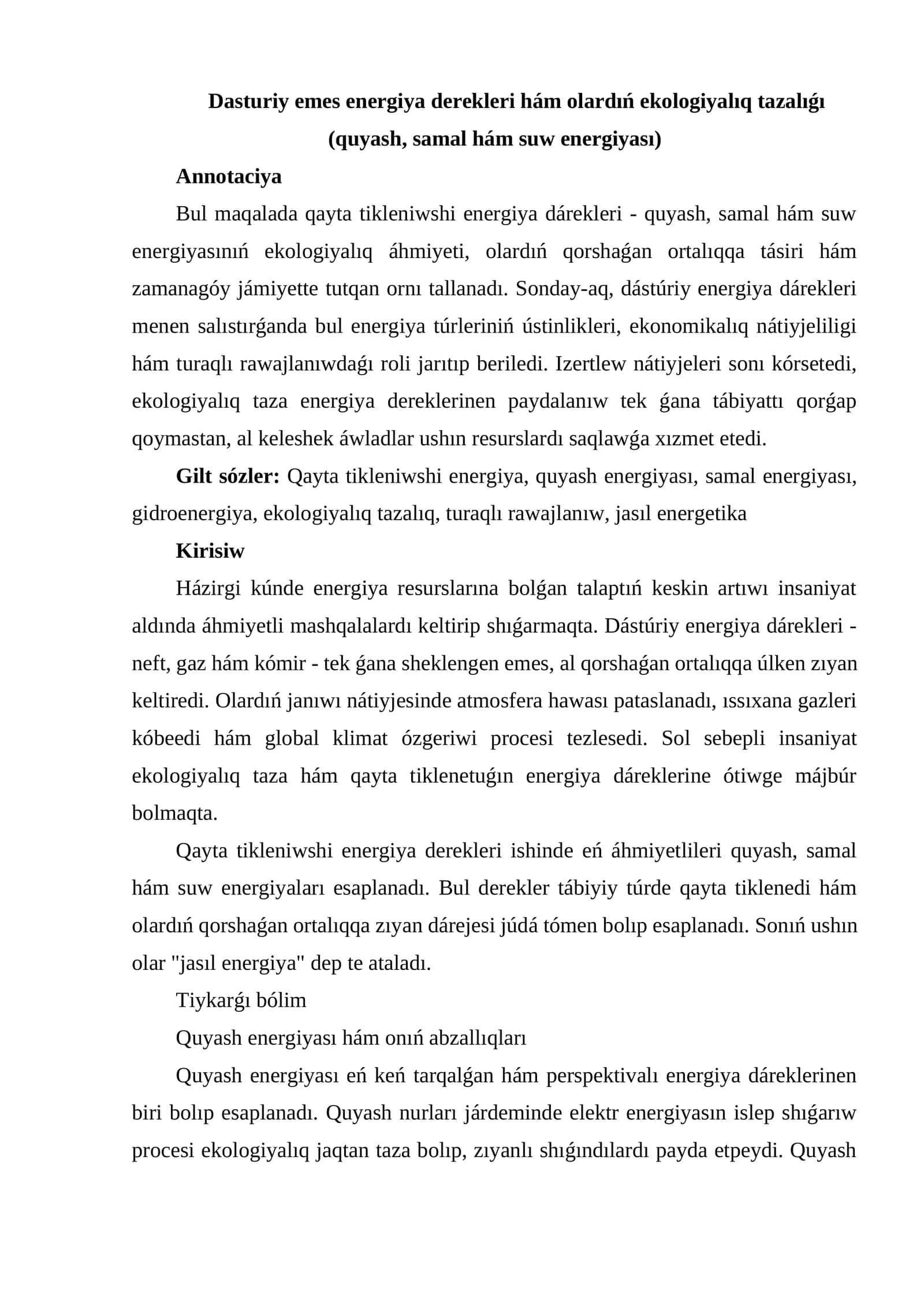 Dasturiy emes energiya derekleri hám olardıń ekologiyalıq tazalıǵı (quyash, samal hám suw energiyası) 1