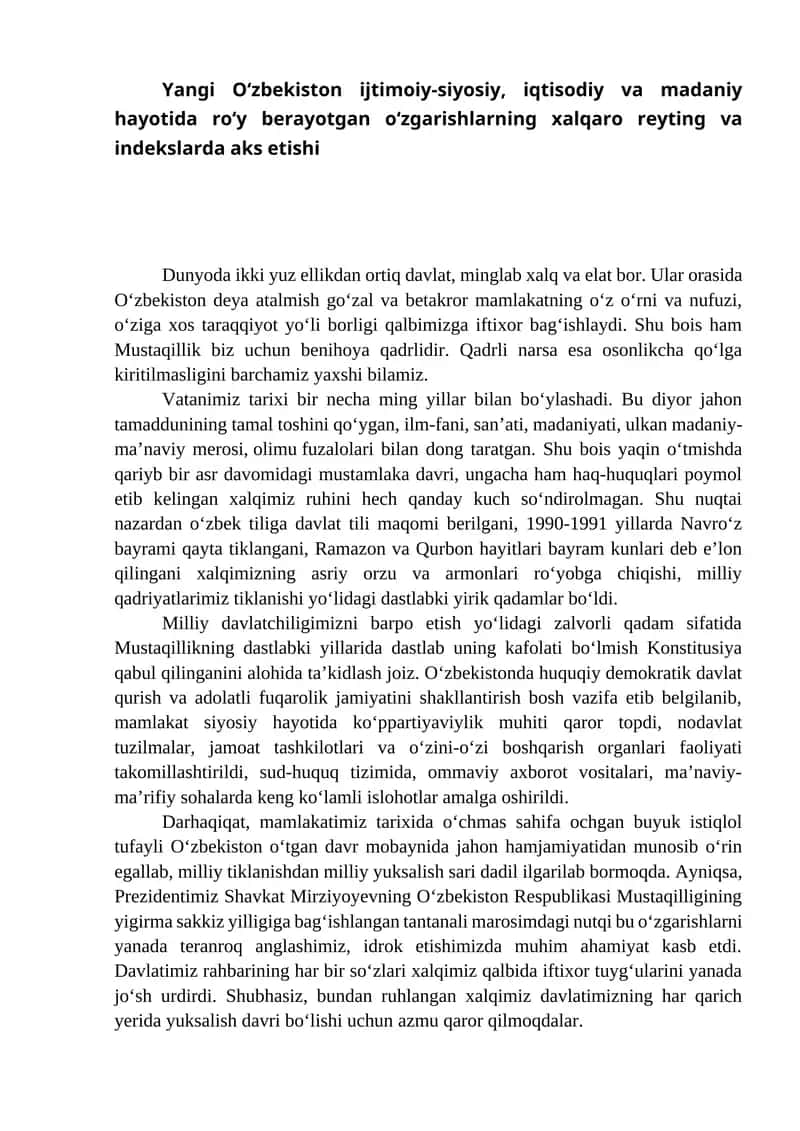 Yangi O‘zbekiston ijtimoiy-siyosiy, iqtisodiy va madaniy hayotida roʻy berayotgan oʻzgarishlarning xalqaro reyting va indekslarda aks etishi 1