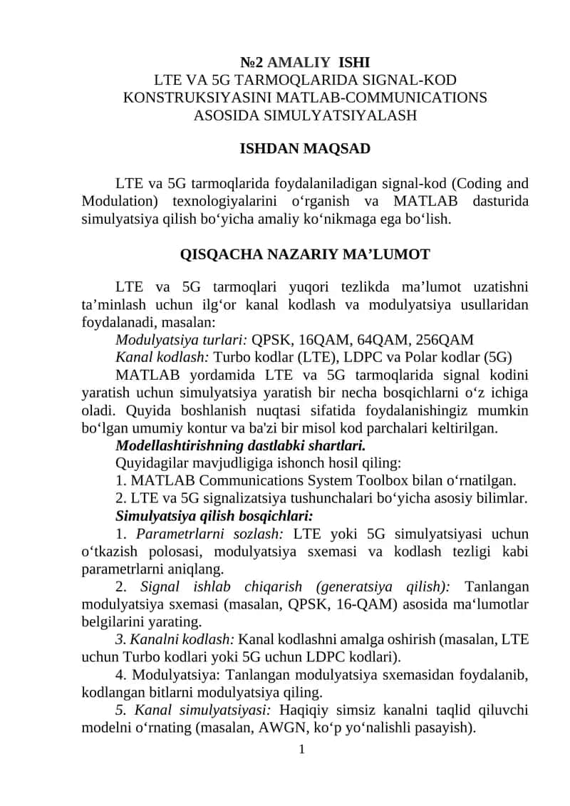 LTE VA 5G TARMOQLARIDA SIGNAL-KOD KONSTRUKSIYASINI MATLAB-COMMUNICATIONS ASOSIDA SIMULYATSIYALASH 1