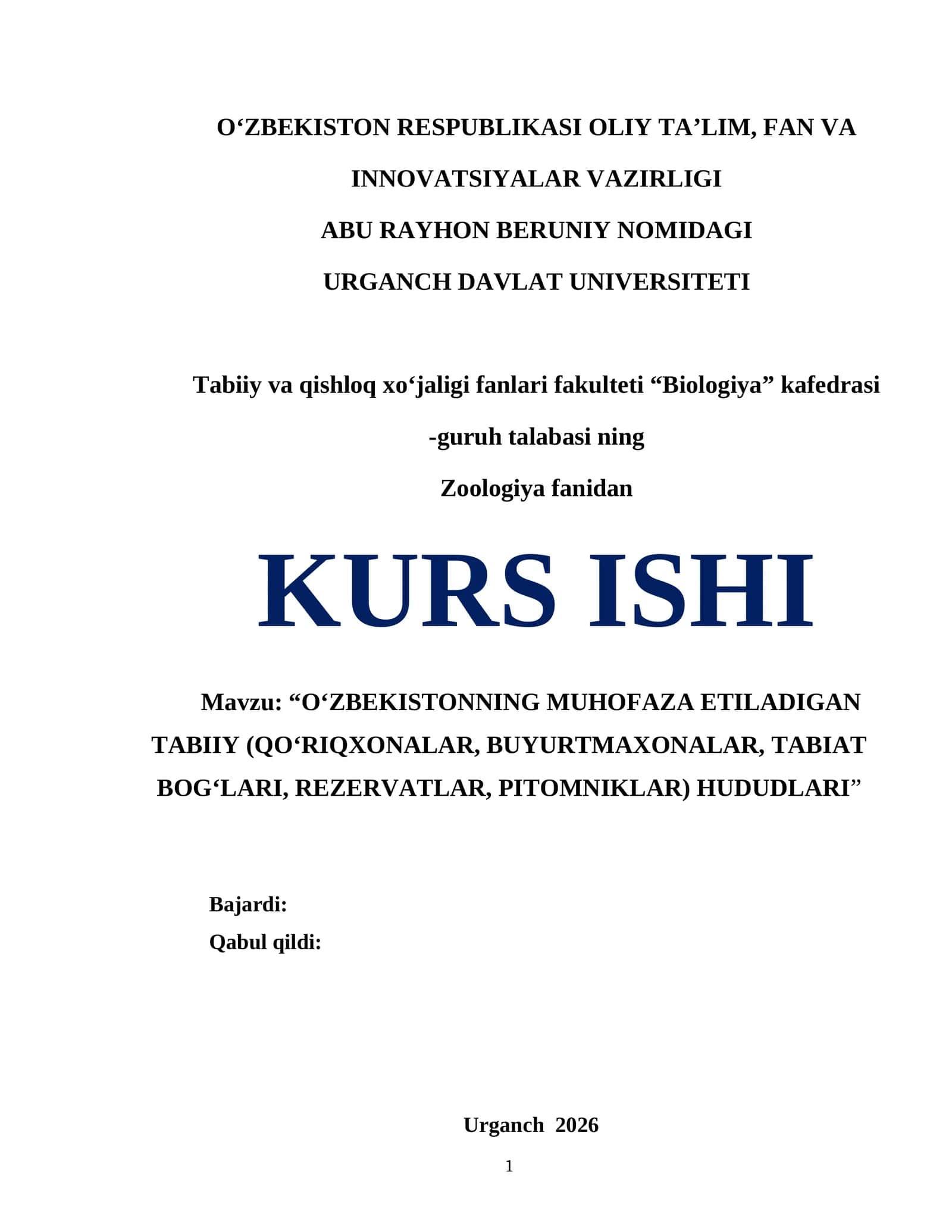 O‘ZBEKISTONNING MUHOFAZA ETILADIGAN TABIIY (QO‘RIQXONALAR, BUYURTMAXONALAR, TABIAT BOG‘LARI, REZERVATLAR, PITOMNIKLAR) HUDUDLARI 1