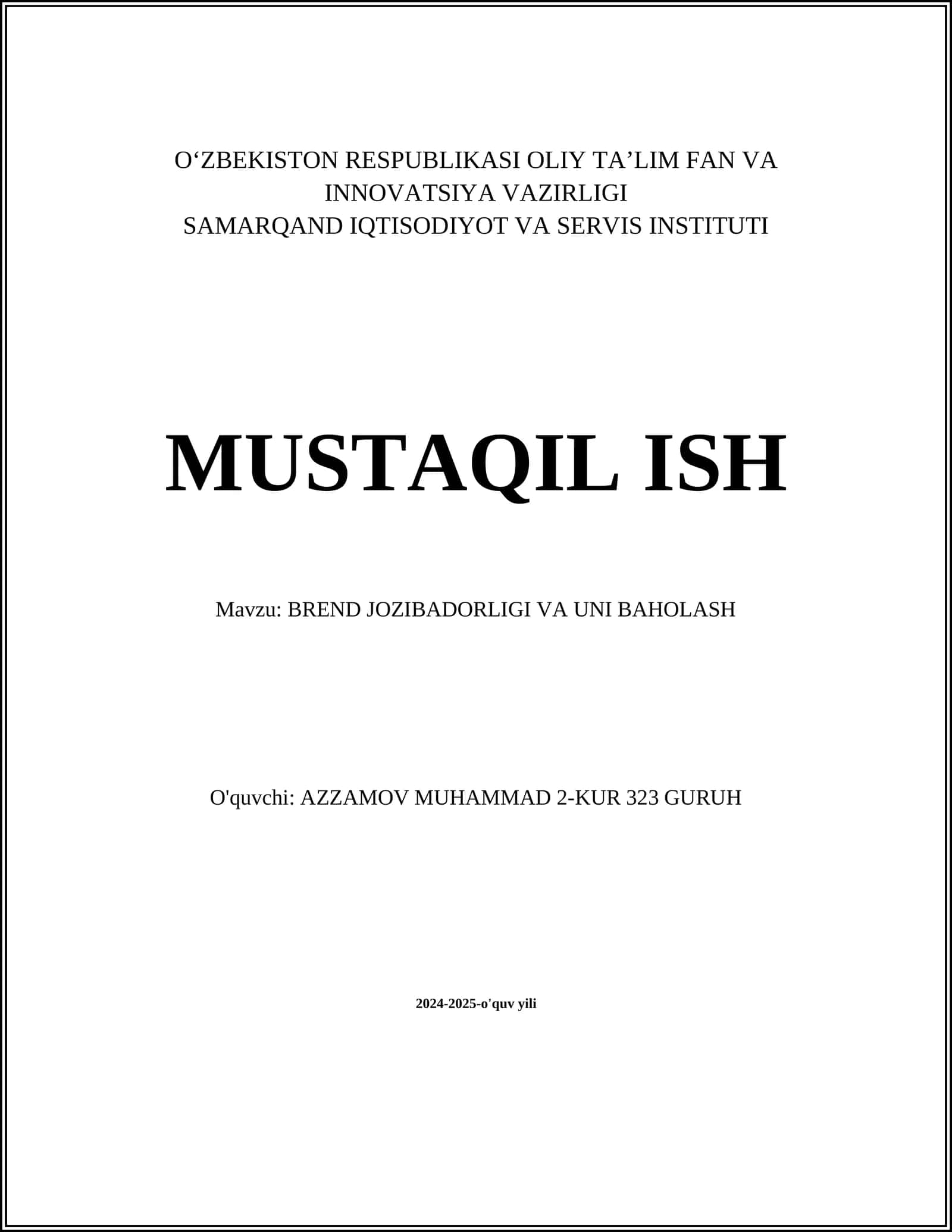 BREND JOZIBADORLIGI VA UNI BAHOLASH 1