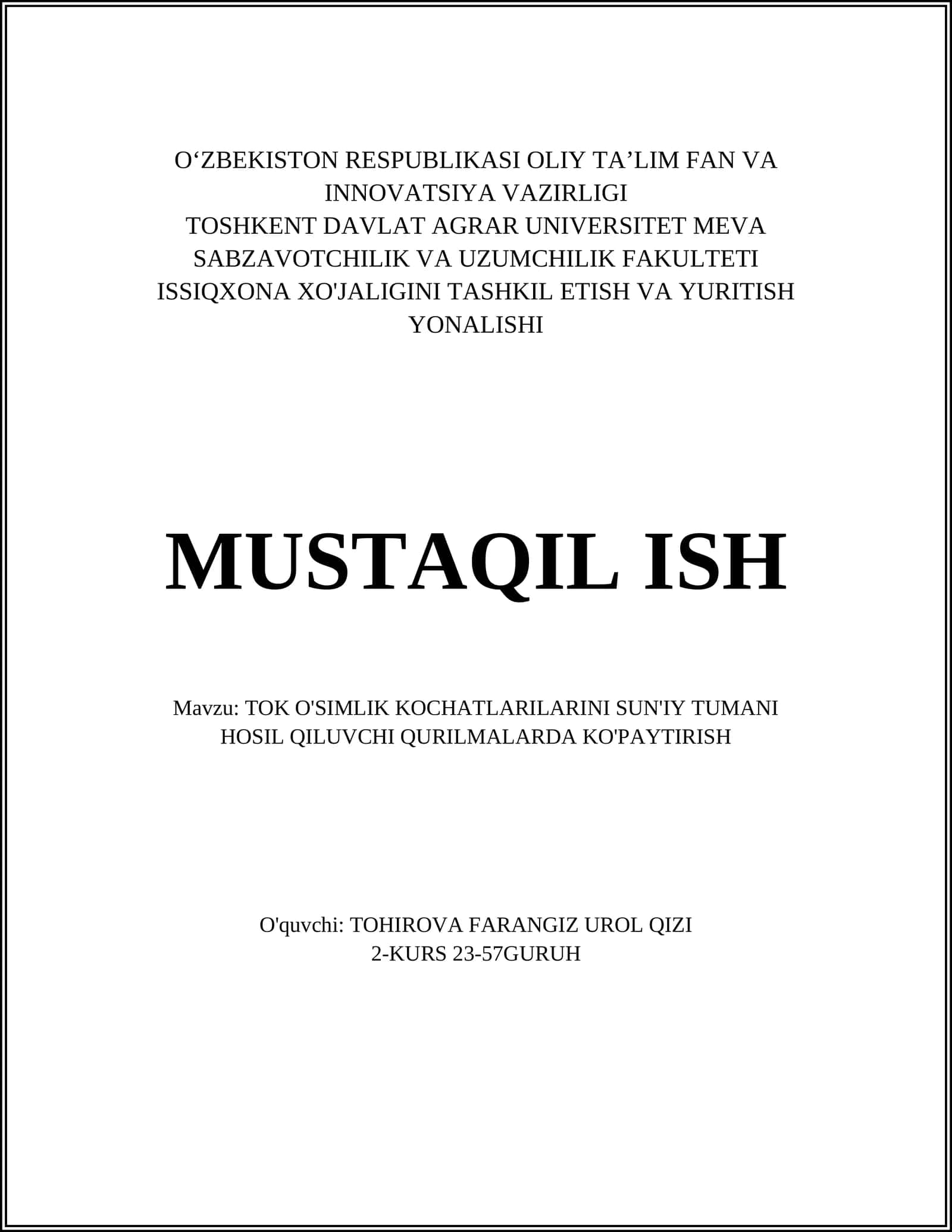 TOK O'SIMLIK KOCHATLARILARINI SUN'IY TUMANI HOSIL QILUVCHI QURILMALARDA KO'PAYTIRISH 1