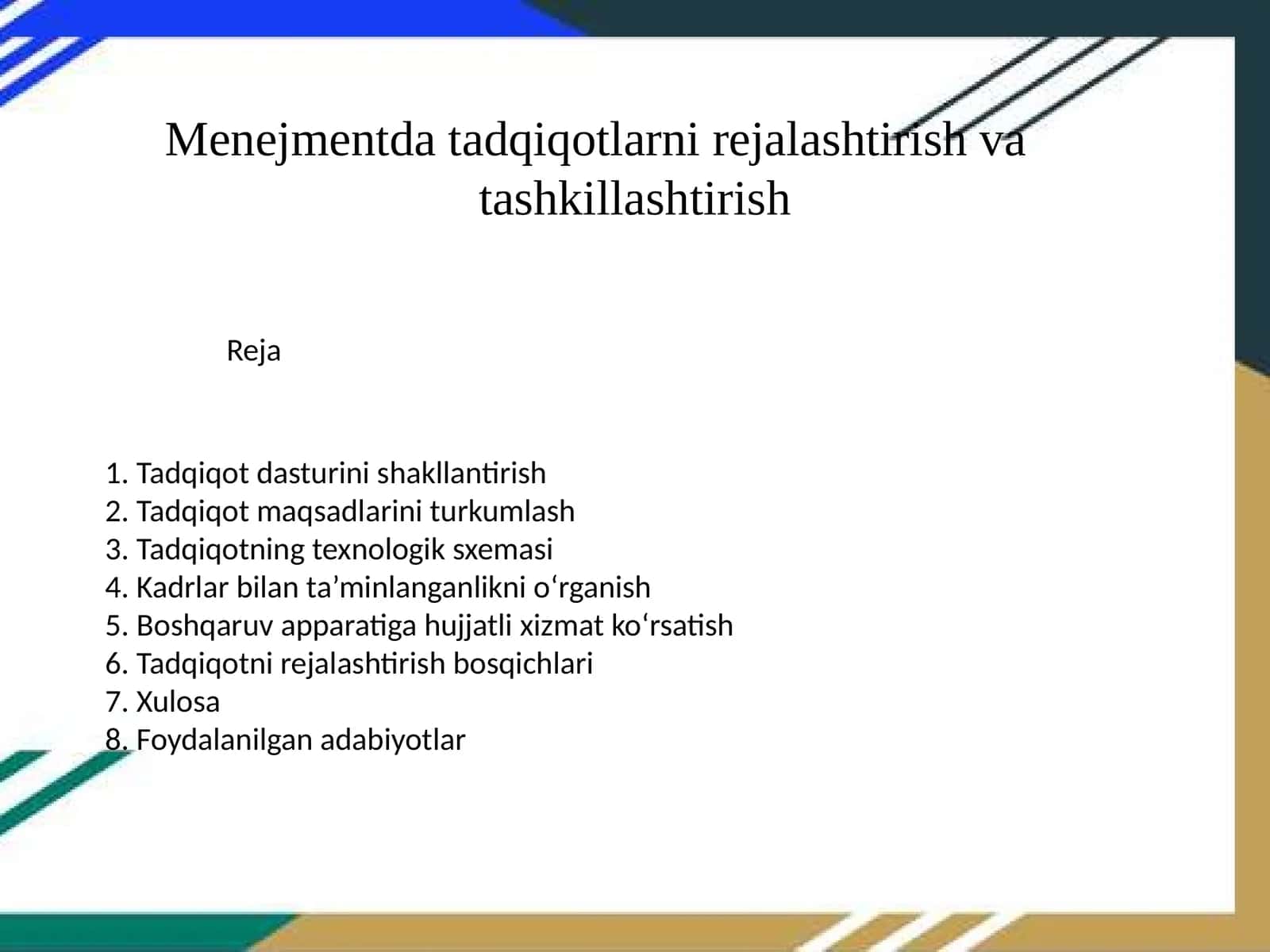 Menejmentda tadqiqotlarni rejalashtirish va tashkillashtirish 1
