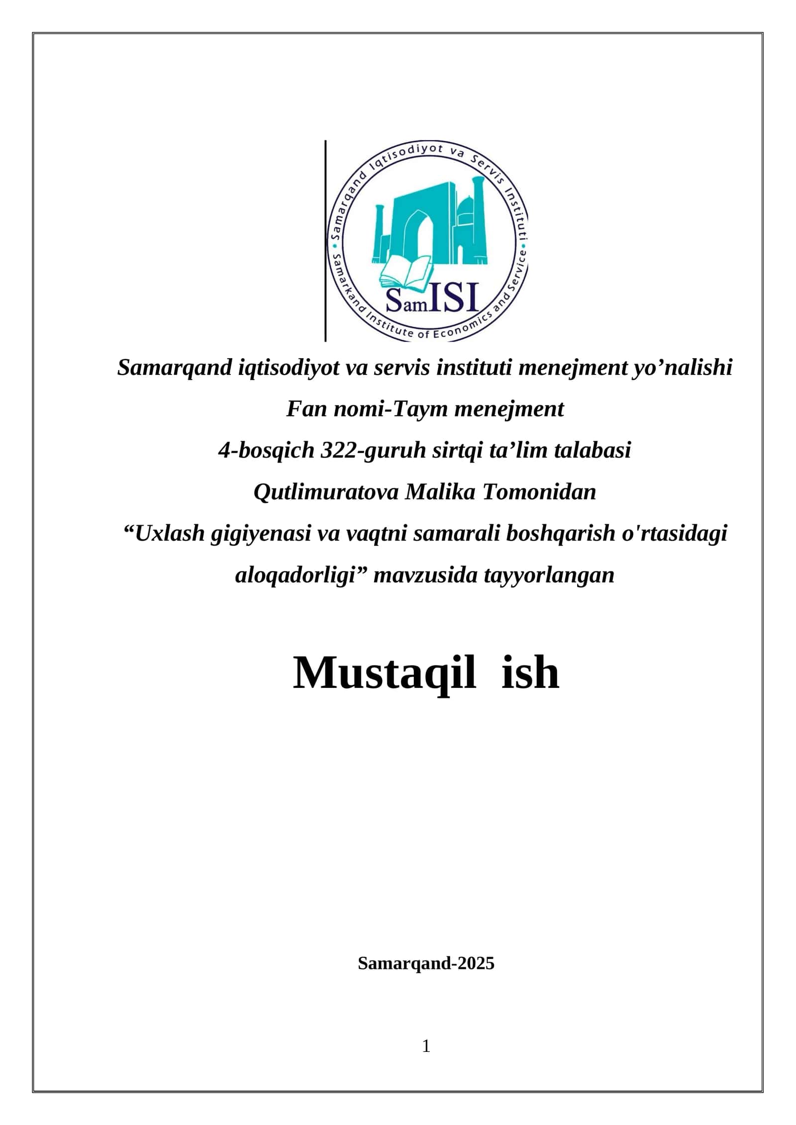 Uxlash gigiyenasi va vaqtni samarali boshqarish o'rtasidagi aloqadorligi 1