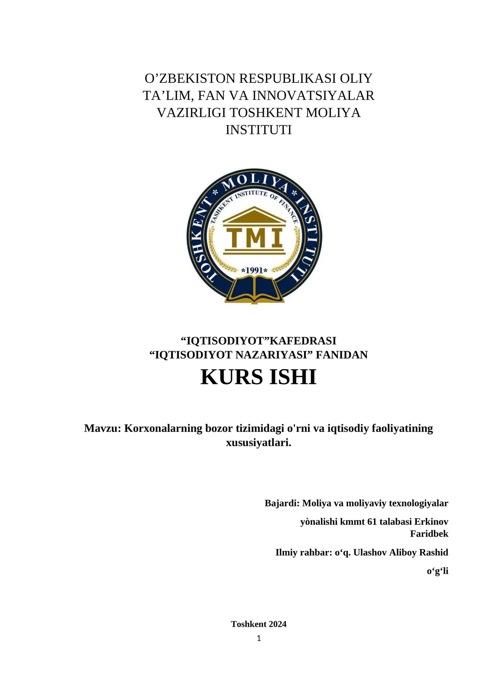 IQTISODIYOT NAZARIYASI KURS ISHI 1
