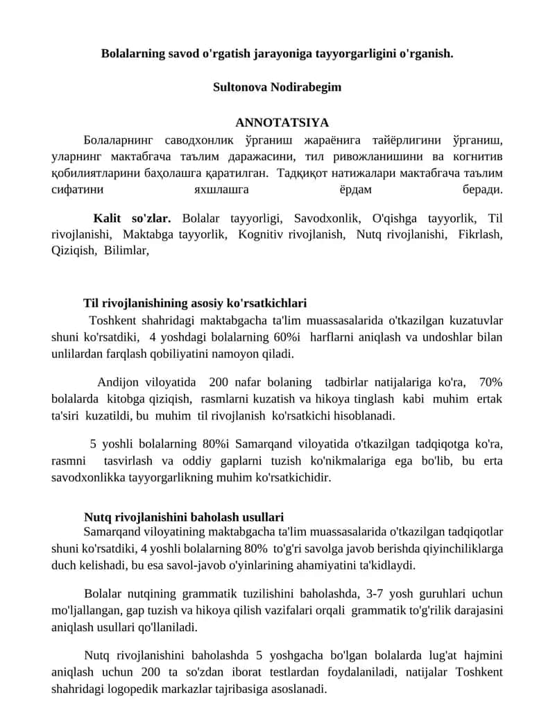 Bolalarning savod o'rgatish jarayoniga tayyorgarligini o'rganish 1