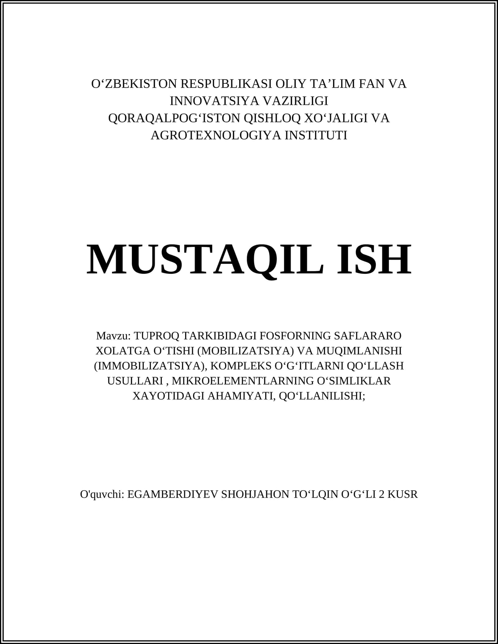 Tuproq Tarkibidagi Fosforning Mobilizatsiyalanishi va Immobilizatsiyalanishi 1