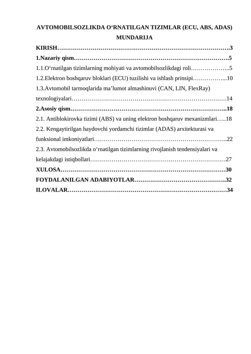 AVTOMOBILSOZLIKDA O‘RNATILGAN TIZIMLAR (ECU, ABS, ADAS) 1