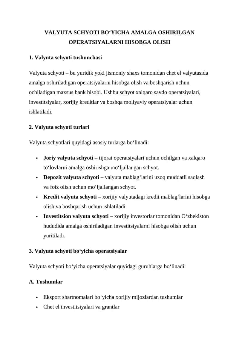 VALYUTA SCHYOTI BO‘YICHA AMALGA OSHIRILGAN OPERATSIYALARNI HISOBGA OLISH 1