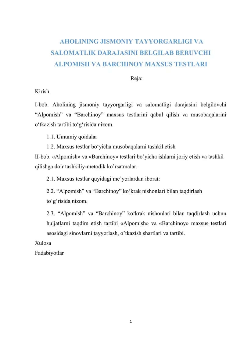 AHOLINING JISMONIY TAYYORGARLIGI VA SALOMATLIK DARAJASINI BELGILAB BERUVCHI ALPOMISH VA BARCHINOY MAXSUS TESTLARI 1