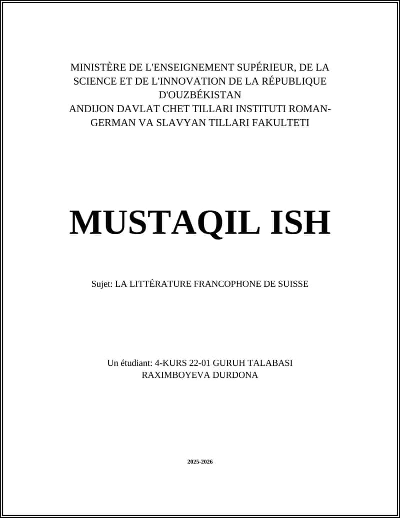 LA LITTÉRATURE FRANCOPHONE DE SUISSE 1