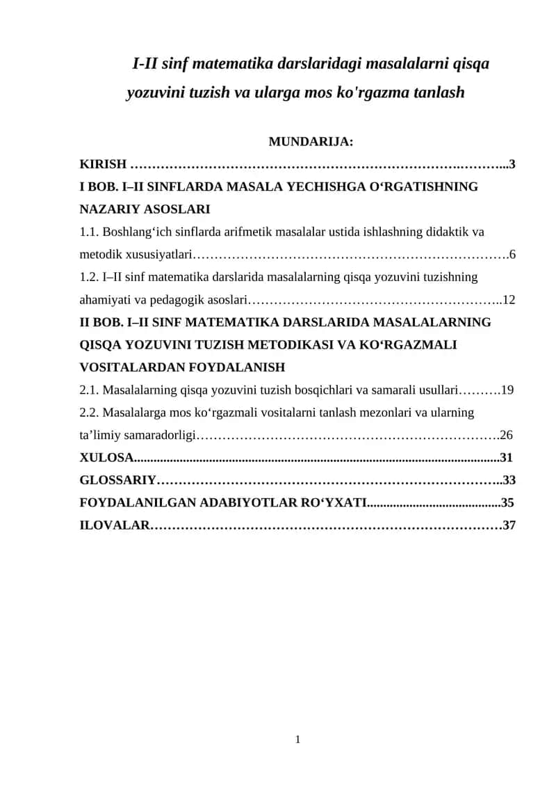 1-2 sinf matematika darslaridagi masalalarni qisqa yozuvini tuzish va ularga mos ko'rgazma tanlash 1